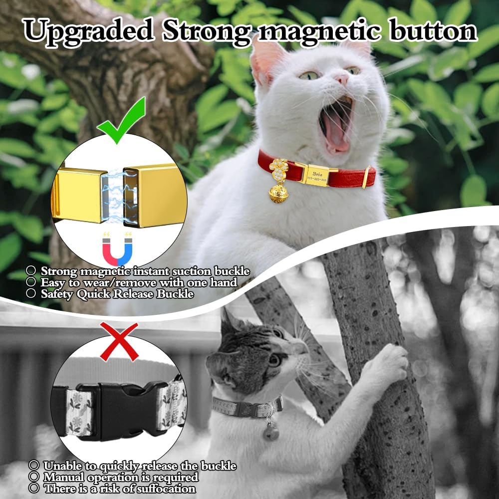 Personalized Breakaway Cat Collars - Magnetic Buckle, Bell - Safety Quick Release, Customized for Girls & Boys Cats- (Velvet-Red)