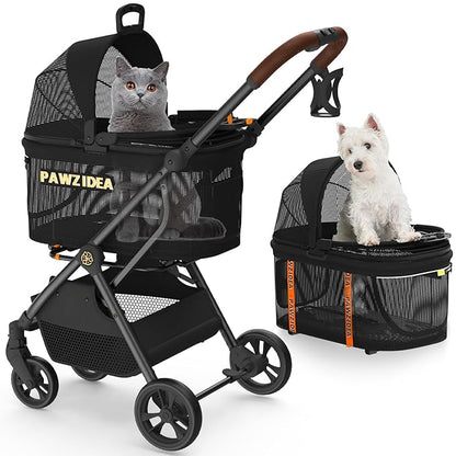 PAWZIDEA Pet Stroller 4 in 1, Cat Strollers with Detachable Carrier No-Zip Canopy, Portable Dog Crate for Car Seat Travel, Foldable & Lightweight Jogger for Small/Medium Dogs and Cats, Storage Basket