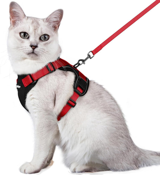rabbitgoo Cat Harness and Leash for Walking, Escape Proof Soft Adjustable Vest Harnesses for Cats, Easy Control Breathable Reflective Strips Jacket, Black & Red, M