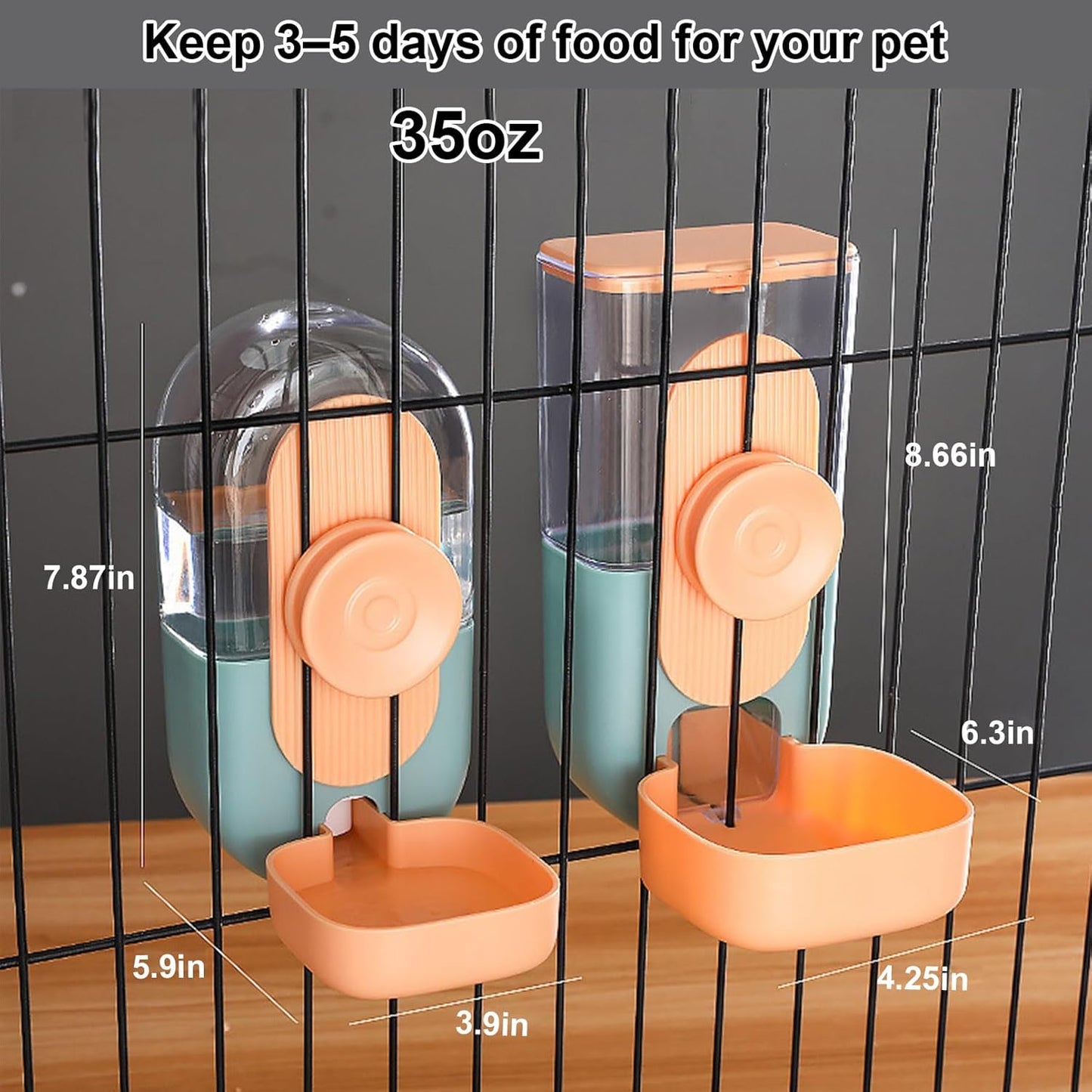 Hanging Automatic Pet Food Water Dispenser, 35oz Rabbit Feeder for Cage Gravity Feeder Siphon Waterer Set for Rabbit Chinchilla Hedgehog Ferret Cat Puppy (Orange)