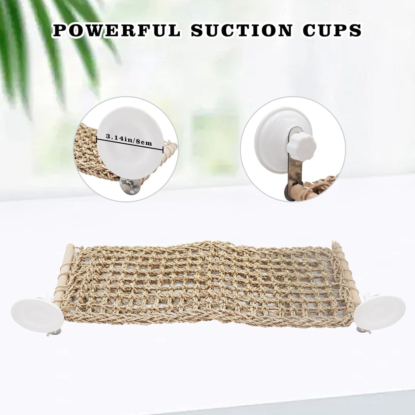 23 × 9 Inch Large Bearded Dragon Hammock, Reptile Window Bed, Seagrass Mat Window Perch Toy with Powerful Suction Cups, Climbing Accessories for Bird Parrot Lizard Leopard Gecko Guinea Pig Rat