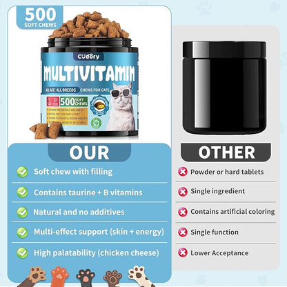 Cat Multivitamin, Crunchy & Creamy Cheese Chew– Supports Energy and Skin & Coat – with Taurine, B-Complex, Zinc Methionine & Selenium Yeast – Daily Health Supplement for Cats of All Ages (500 Chew)