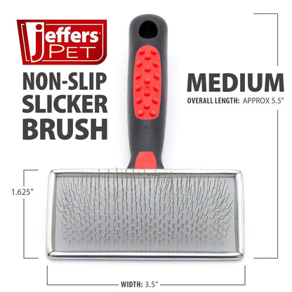 Jeffers Non-Slip Slicker Brush for Pets – Medium Size, Soft Pins, Red & Black – Detangling Grooming Tool for Dogs & Cats with Short, Long, Thick & Curly Coats – Comfortable Grip Pet Comb