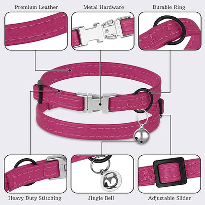 Leather Cat Collar with Buckle and Removable Bell - Non Breakaway Adjustable Soft Safety Small Pet Collars for Girl Boy Cats Kitten (Pink)