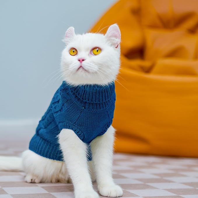 PUPTECK Winter Cat Sweater Coat - Soft Warm Cold Weather Clothes Knitwear for Kittens & Small Dogs Indoor Outdoor Wearing, Knitted Classic for Doggies Kitties Girls Boys, Dark Blue, M