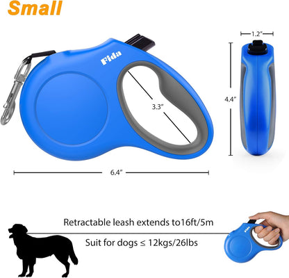 Fida Retractable Dog Leash with Dispenser and Poop Bags, 16 ft Pet Walking Leash for Small Dog or Cat up to 26 lbs, Anti-Slip Handle, Tangle Free, Reflective Nylon Tape (S, Blue)