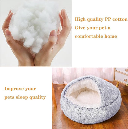 Cat Beds for Indoor Cats,Plush Hooded Cat Cave for Puppy Kitty Small Dog Bed,Removable Washable Non-Slip Bottom Self Warming Round Fluffy Faux Fur Super Soft Calming Sleeping Pet Bed(Gray)