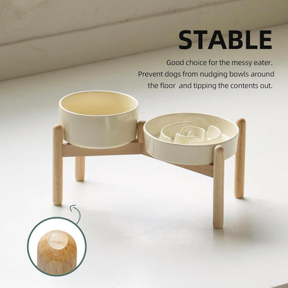 Ceramic 1.2 Cup Raised Slow Feeder Dog Bowl Set, Elevated 6.1inch Bowl and 7.3inch Puzzle Slow Food Dish with Wooden Stand for Medium and Small Dog, Anti-Gulping (2 x Beige+ Stand)
