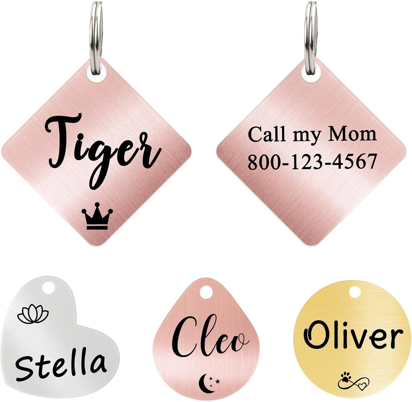 Ultra Joys Cat ID Tag Personalized Pet Tags, Durable Stainless Steel Small Pet Mini Dog Cat Tag Lightweight -Diamond Tag in Rose Gold
