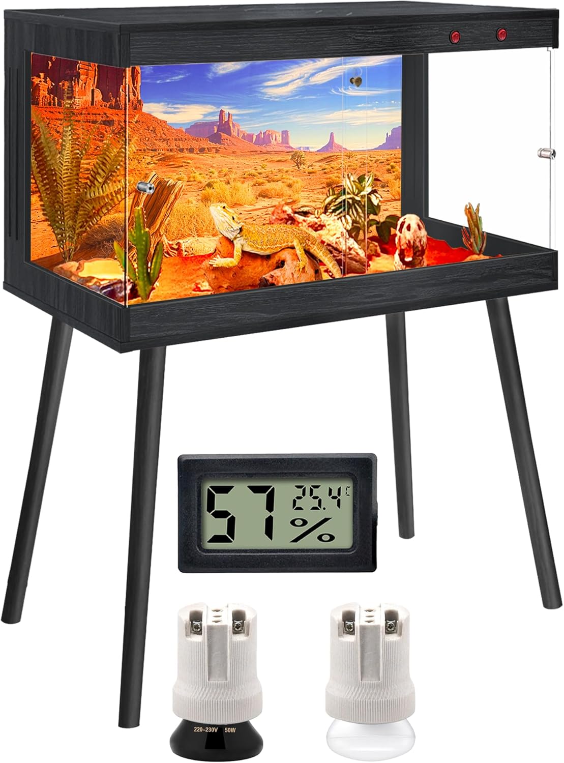 Royxen Tempered Glass Bearded Dragon Tank,24 Gallon Reptile Tank with Leg Stand,Built-in Lighting Reptile Enclosure Scartch-Proof Bearded Dragon Encloure for Chameleon,Snake(Black,24"x 16"x 16")