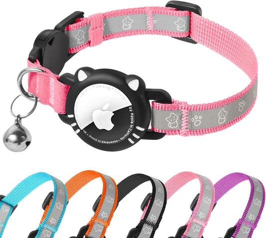 Airtag Cat Collar, Reflective Cat Collar with Apple Air Tag Holder, Breakaway GPS Tracker Pet Collar with Bell for Cat Kitten, Airtag Not Included, Pink, XS(7-9 Inch)