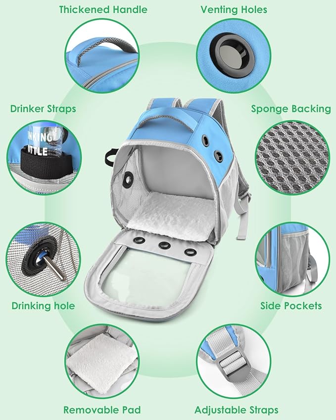 Guinea Pig Carrier Backpack, Portable Rabbit Travel Carring Bag for Pet Bunny Chinchilla Bearded Dragon Hamster Parrot Outgoing Pouch Case with Water Bottle Holder & Detachable Pad (Blue)