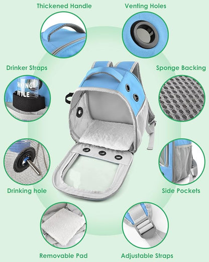 Guinea Pig Carrier Backpack, Portable Rabbit Travel Carring Bag for Pet Bunny Chinchilla Bearded Dragon Hamster Parrot Outgoing Pouch Case with Water Bottle Holder & Detachable Pad (Blue)