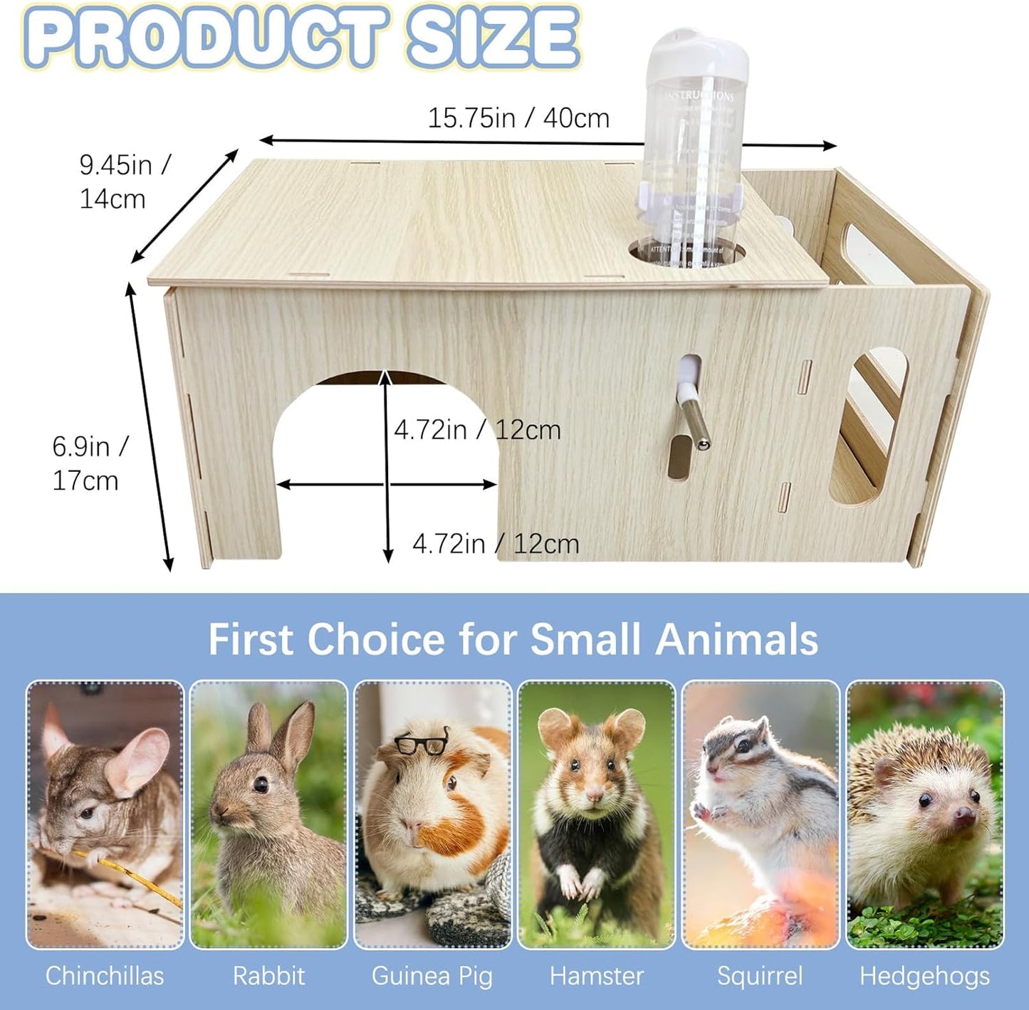 Hamiledyi Guinea Pig Hideout with Hay Feeder and Water Bottle Natural Wooden Chinchilla House Bunny Castle Small Animal Hideout for Rabbit Chinchilla Bunny and Guinea Pig