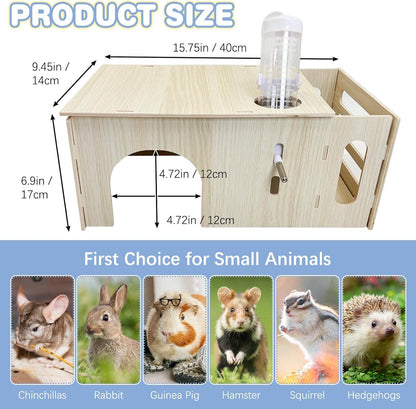 Hamiledyi Guinea Pig Hideout with Hay Feeder and Water Bottle Natural Wooden Chinchilla House Bunny Castle Small Animal Hideout for Rabbit Chinchilla Bunny and Guinea Pig