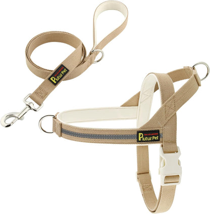 Plutus Pet Cotton Dog Harness and Leash Set, Reflective and Soft Padded, Quick Fit Vest Harness, for Small, Medium and Large Dogs, Beige, L