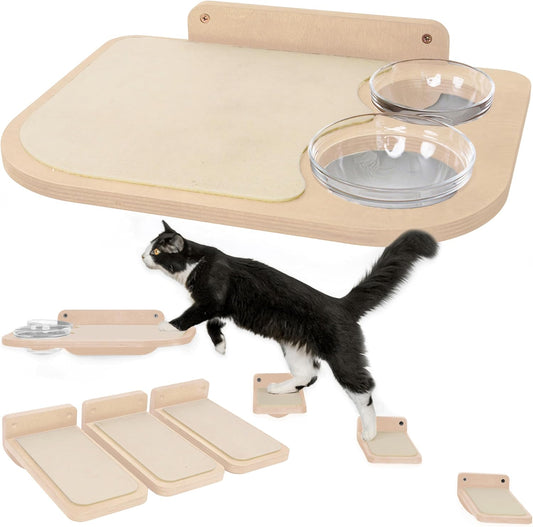 INICIO Cat Wall Shelves – Dog Proof Feeding Station with Wall Mounted Shelves, Durable 3 Step Birch Floating Shelf for Cats Up to 15lbs, Attached Cat Food Bowl for Convenient Feeding – Wood Brown