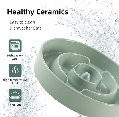 Ceramic 1.2 Cup Raised Slow Feeder Dog Bowl Set, Elevated 6.1inch Bowl and 7.3inch Puzzle Slow Food Dish with Wooden Stand for Medium and Small Dog, Anti-Gulping (2 x Light Green+ Stand)