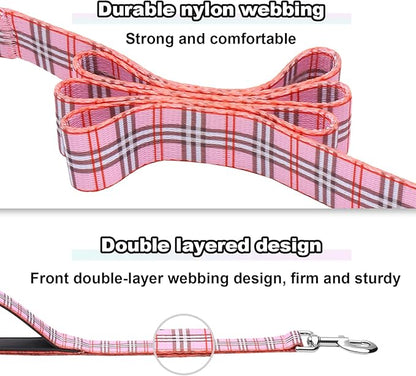 4ft Dog Leash with Two Padded Handles, Heavy Duty Strong Nylon Pet Leash with Soft Neoprene Handle for Small Medium Large Dogs, Pink Plaid