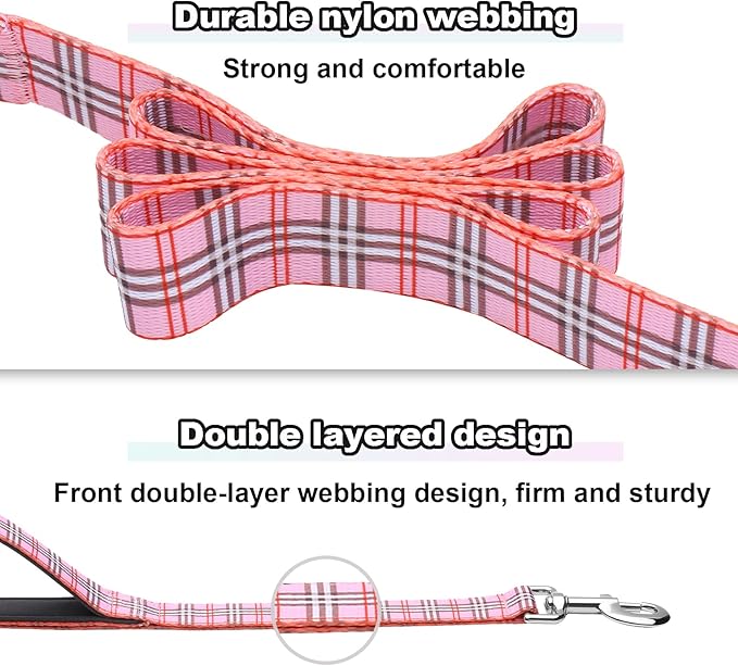 6ft Dog Leash with Two Padded Handles, Heavy Duty Strong Nylon Pet Leash with Soft Neoprene Handle for Small Medium Large Dogs, Pink Plaid