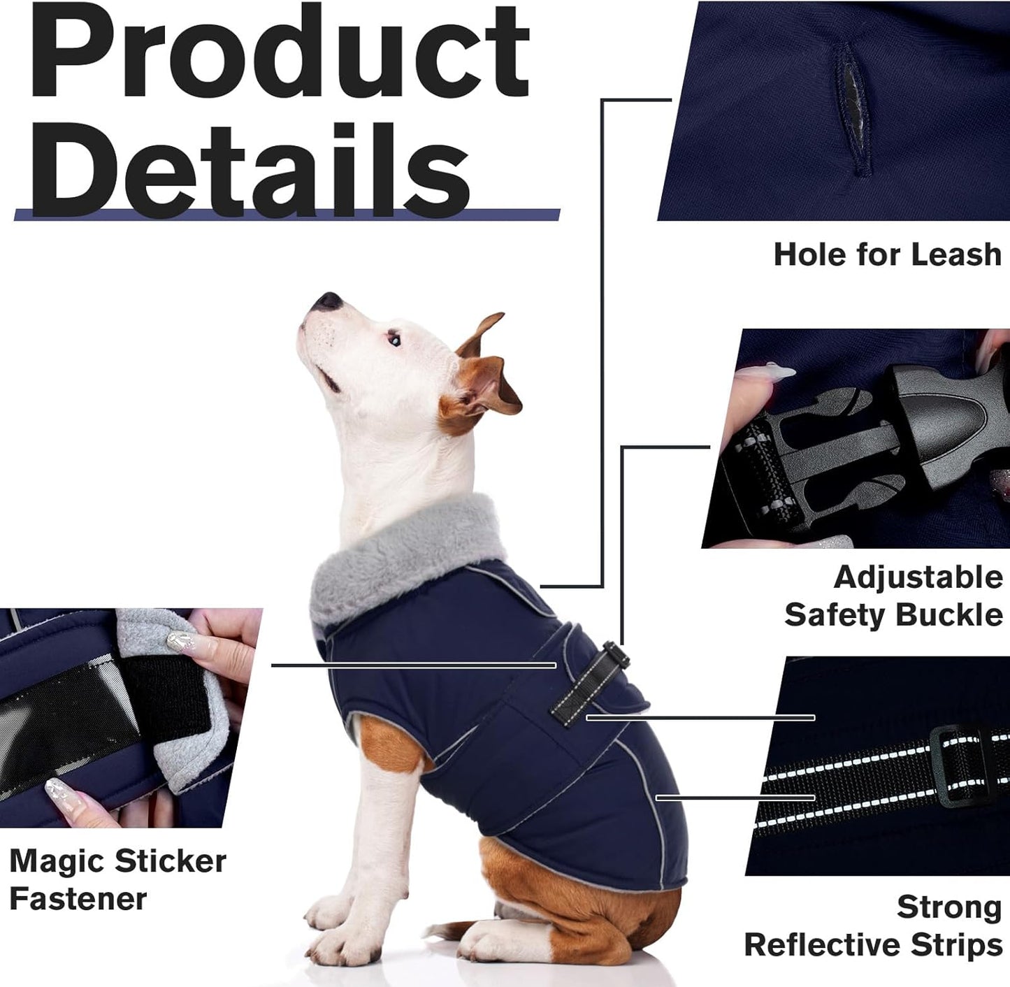 Lelepet Warm Dog Coat Waterproof Dog Jacket for Small Dogs Reflective Fleece Vest with Adjustable Buckle Hook & Loop Windproof Cold Weather Coats for Small Medium Large Dogs, Navy Blue, S