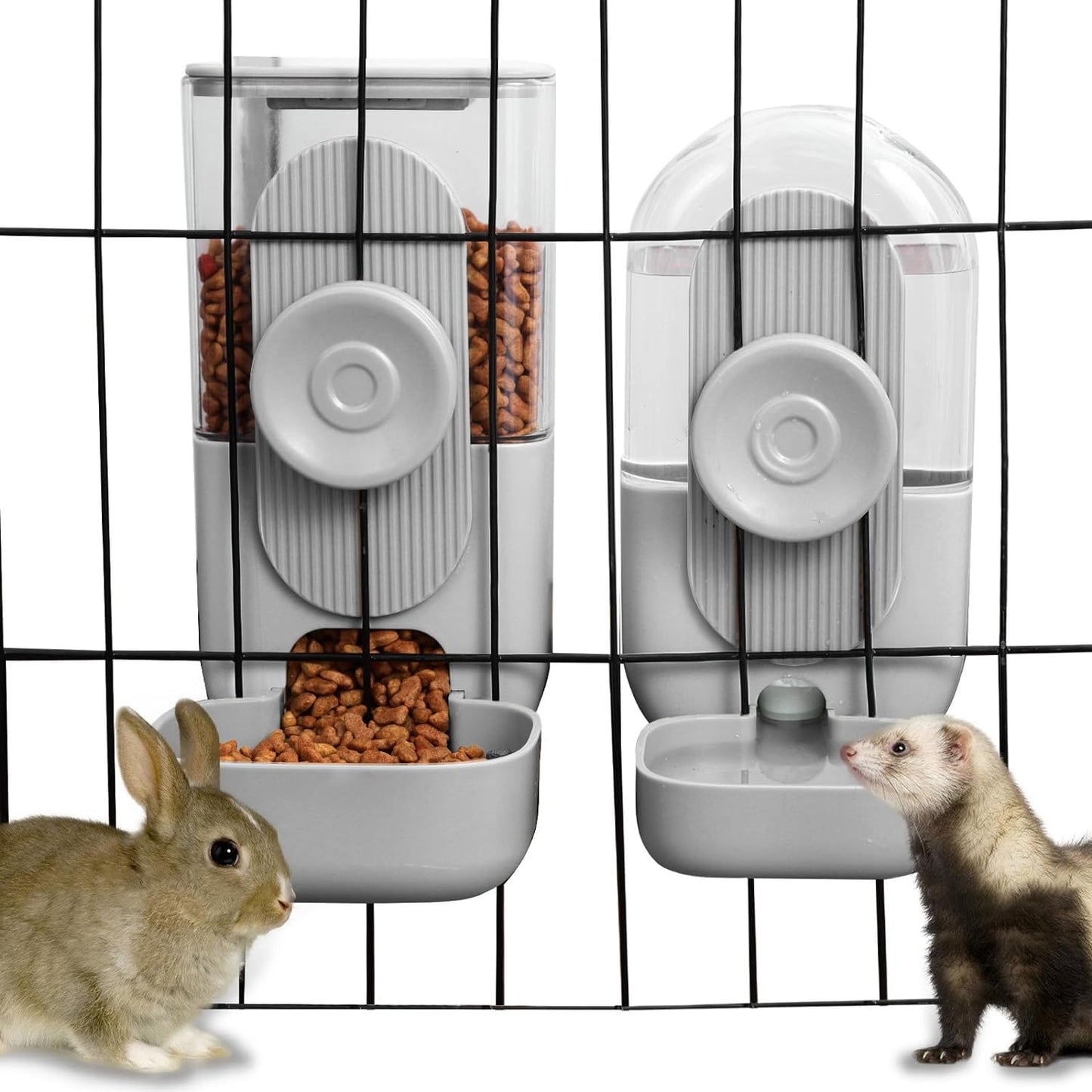Hanging Automatic Rabbit Feeder for Cage,Dog Cat Food and Water Dispenser,Rabbit Water Bottle Guinea Pig Food Bowl Set,Gravity Feeder for Cats Dogs (Gray)