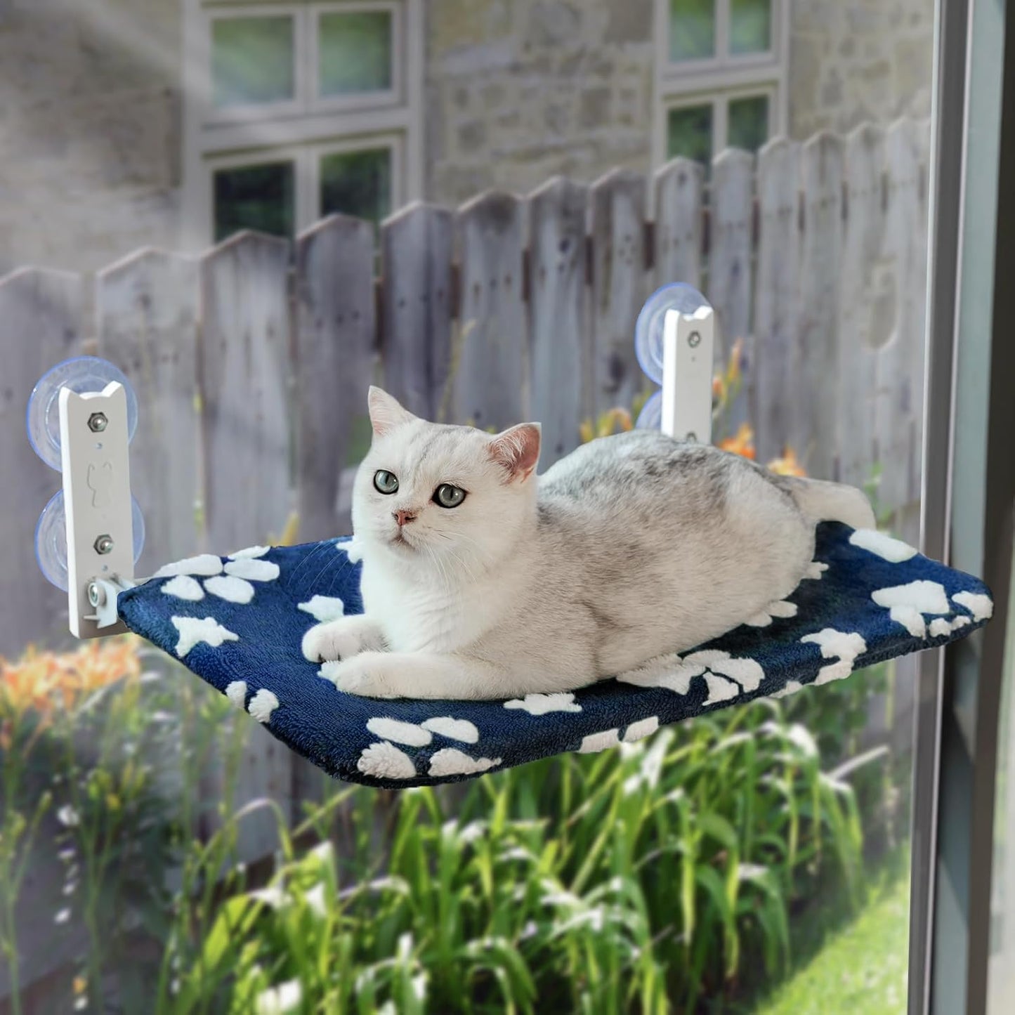 Cat Window Perch, Foldable Cat Window Hammock with Cute 3D Textured Flower Cover and Strong Suction Cups, Cordless Window Seat Bed for Indoor Cats (Navy Paw, Large)