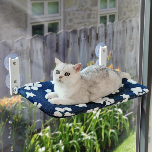 Cat Window Perch, Foldable Cat Window Hammock with Cute 3D Textured Flower Cover and Strong Suction Cups, Cordless Window Seat Bed for Indoor Cats (Navy Paw, Large)