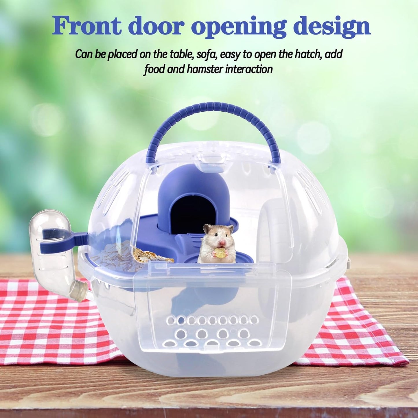 Dwarf Hamster Carrier Cage,Hamster Carrier Portable Hamster Travel Carry Case Breathable 2 Tiers with Silent Exercise Wheels,Water Bottle,Food Dish(Blue)