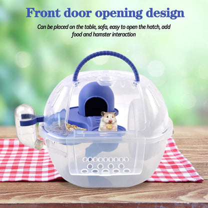 Dwarf Hamster Carrier Cage,Hamster Carrier Portable Hamster Travel Carry Case Breathable 2 Tiers with Silent Exercise Wheels,Water Bottle,Food Dish(Blue)