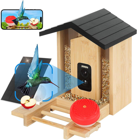 Smart Bird Feeder with Camera Solar Powered, 2.5K HD AI Identify 10000+ Species, Color Night Vision, 1.5L Bamboo Wood Feeder House Outside, Auto Capture & Notify, Ideal Gift for Bird Lovers
