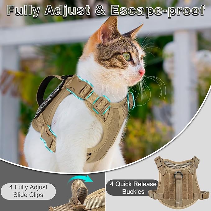 Tactical Cat Harness and Leash Set for Walking, Adjustable Escape Proof Pet Vest for Large Cat, Easy Control Breathable Vest with Handle，Molle Patches (Khaki+Leash, L)