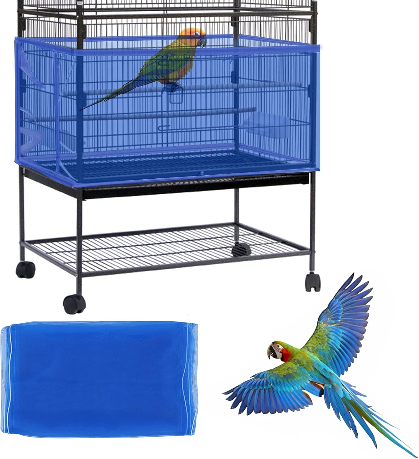 Daoeny Large Bird Cage Cover, Bird Cage Seed Catcher, Adjustable Soft Airy Nylon Mesh Net, Birdcage Cover Skirt Seed Guard for Parrot Parakeet Macaw African Round Square Cages (Blue)