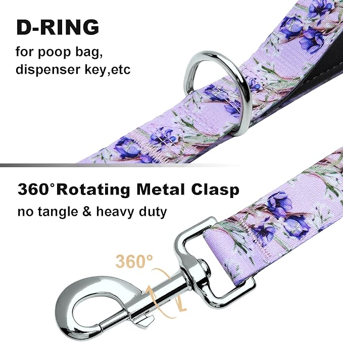 Double Handle Dog Leash 4ft with 2 Padded Handles, Cute Purple Dog Leash with Soft Dual Handle, Walking Training Lead for Small Medium Large Dogs, Lavender Lily