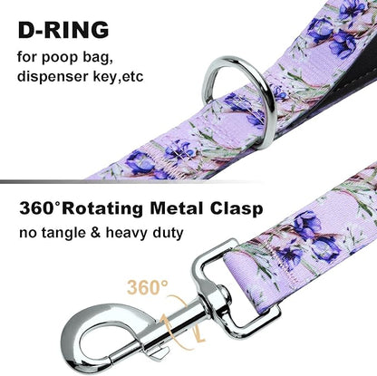 Double Handle Dog Leash 4ft with 2 Padded Handles, Cute Purple Dog Leash with Soft Dual Handle, Walking Training Lead for Small Medium Large Dogs, Lavender Lily
