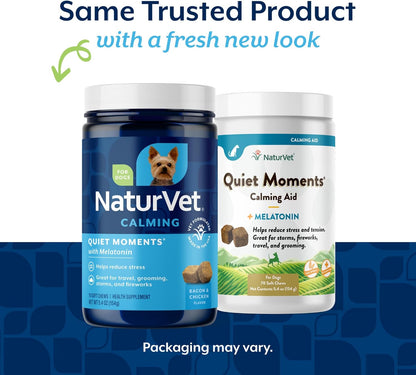 NaturVet Quiet Moments Calming Dog Supplement, Dog Soft Chews with Melatonin to Help Reduce Stress from Storms, The Vet, Fireworks, and Travel, Bacon and Chicken Flavored Pet Supplement, 70 Count Jar