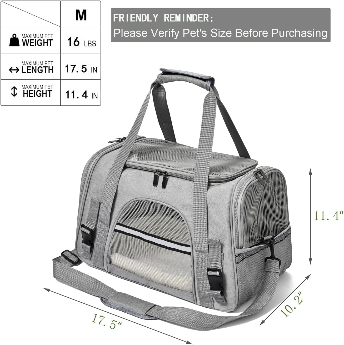 Dog Cat Carrier Soft for Small Pet Up to 16 Lbs TSA Airline Approved Travel Carrier Collapsible Puppy Car Mesh Bag 17.5 * 10.2 * 11.4 inch - Grey