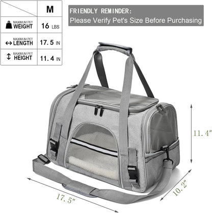 Dog Cat Carrier Soft for Small Pet Up to 16 Lbs TSA Airline Approved Travel Carrier Collapsible Puppy Car Mesh Bag 17.5 * 10.2 * 11.4 inch - Grey