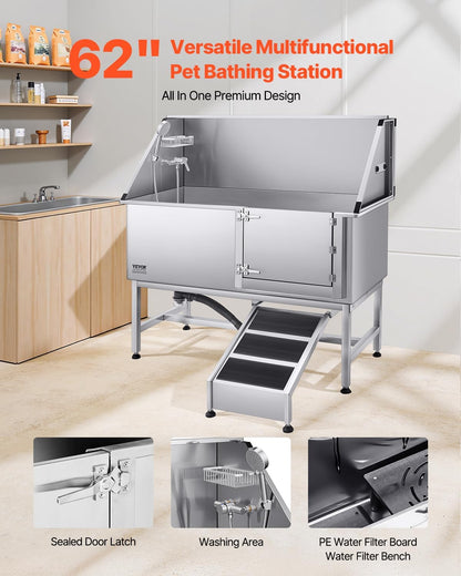 VEVOR Stainless Steel Dog Washing Station, Professional 62 inch Pet Grooming Tub w/Ramp, PE Water Filter Board, Faucet & Showerhead & Soap Holder Bathtub for Large & Medium & Small Pets (Right Door)