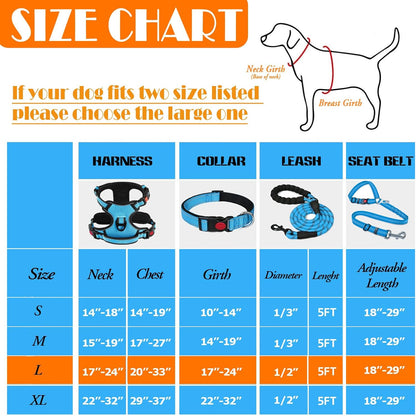 No Pull Dog Harness, Collar & Leash Set | Includes Dog Seat Belt, Collapsible Bowls & Poop Bag Dispenser. Ideal for Training, Walking, Hiking. Fits Small to Large Dogs(Blue-L)