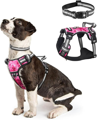 WINSEE Dog Harness No Pull, Pet Harnesses with Dog Collar, Adjustable Reflective Oxford Outdoor Vest, Front/Back Leash Clips for Small, Medium, Large, Extra Large Dogs, Easy Control Handle for Walking