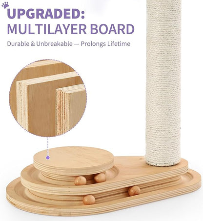 Made4Pets Cat Scratching Post Cat Scratcher Kitten Toys for Indoor Cats Wooden Ball Track Two-Layer Modern Sisal 17.7" Tall Scratch Post Interactive Toy with Dangling Ball