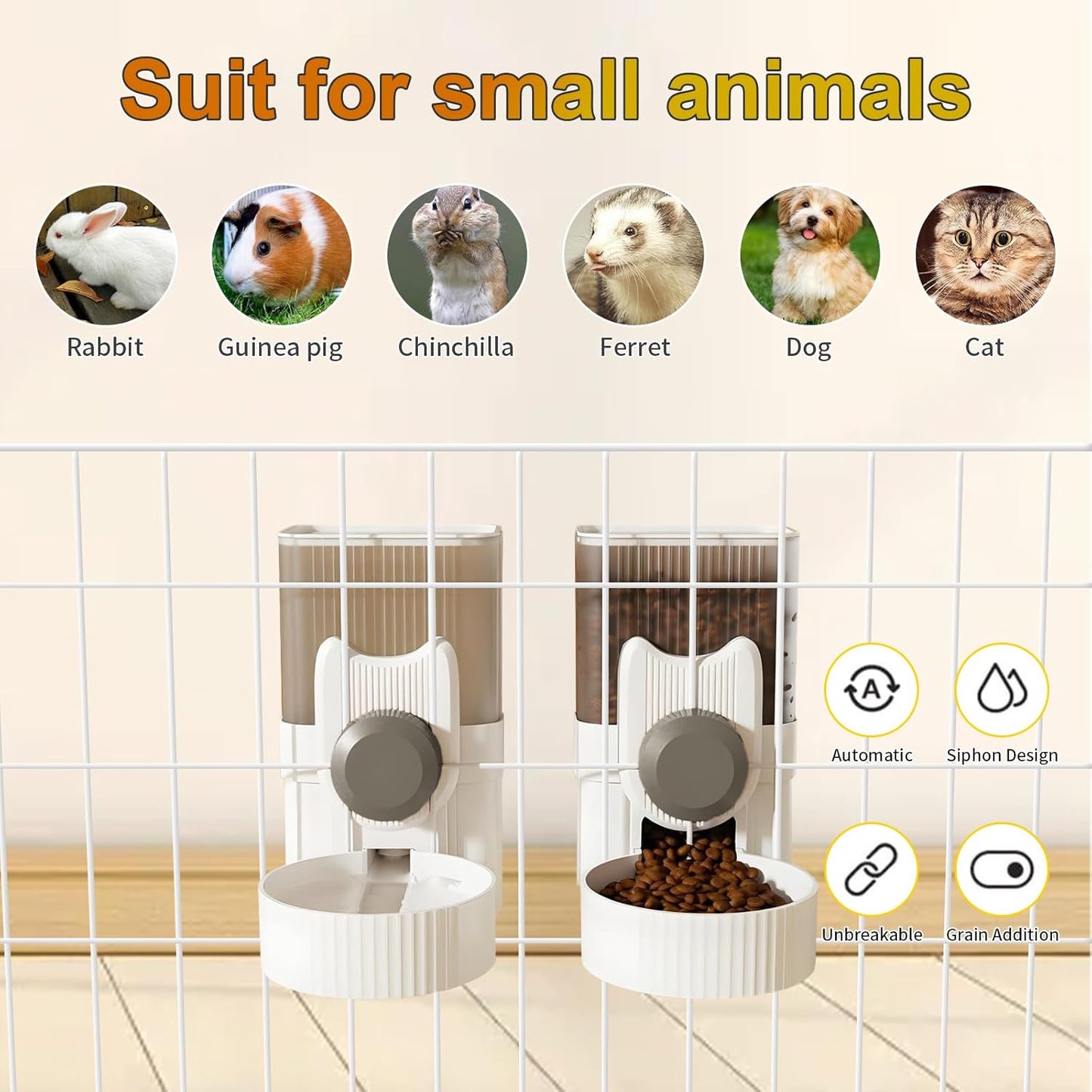 Rabbit Automatic Food Feeder and Water Dispenser Bunny Gravity Feeding Station Waterer Set Hanging Self-Dispensing Feeder for Ferret,Guinea Pigs Chinchillas Hedgehog (Grey)