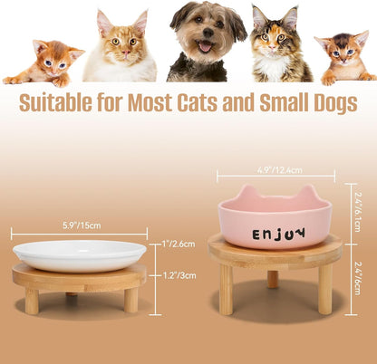 3PCS Elevated Cat Bowls,Wide Raised Ceramic Pet Dishes with Bamboo Stand, Whisker Friendly Pet Water or Food Plates Feeding Station for Indoor Small Dogs, Kitten (Pink(3PCS))