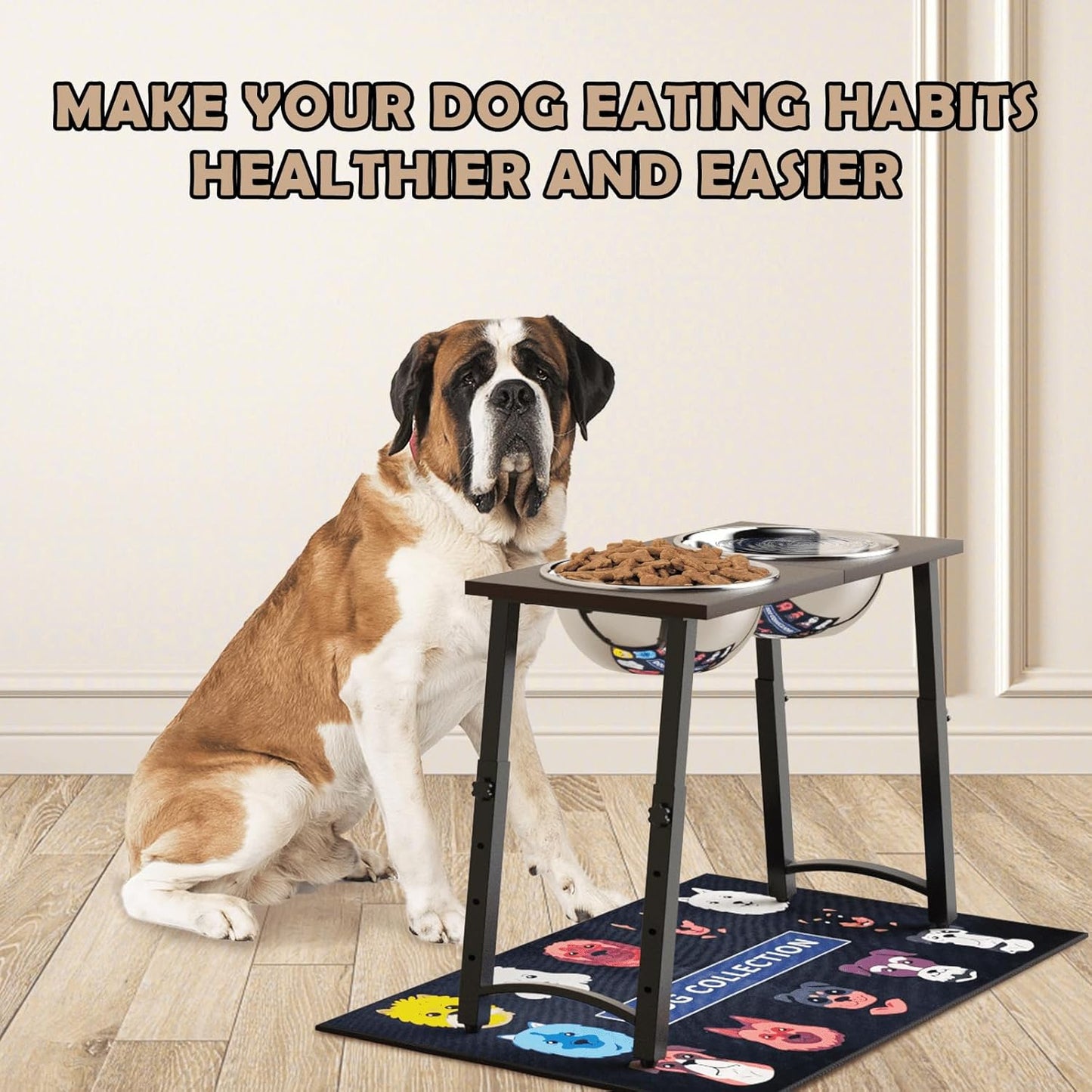 Elevated Dog Bowls for Large and X-Large Dogs, with Spill Proof Mat, 4 Heights Adjustable Wood Raised Dog Bowl Stand with Two Stainless Steel Food and Water Bowls, Non-Slip