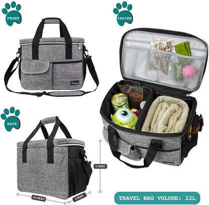 PetAmi Dog Travel Bag - Organizer with Food Container, Bowls & Accessories for Weekend Camping, Cat Diaper Bag (Grey, Medium)