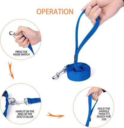 Strong Durable Nylon Dog Training Leash, 1 Inch Wide Traction Rope, 6 ft 10ft 15ft Long, for Small and Medium Dog (Blue, 6 Feet)