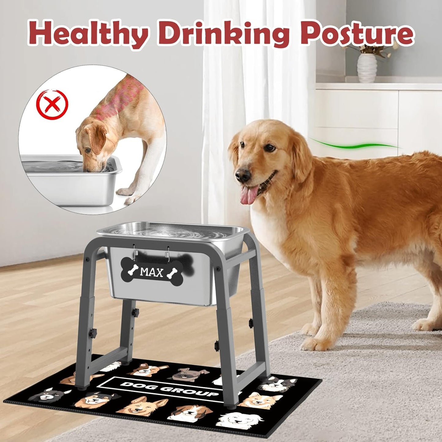 2.8 Gallon Elevated Dog Water Bowl, ADENGL Height Adjustable (10.4–15.2'') Raised Stainless Steel Bowl with Spill-Proof Mat & Sturdy Metal Stand, Tip-Proof, Easy to Clean, Indoor & Outdoor Use