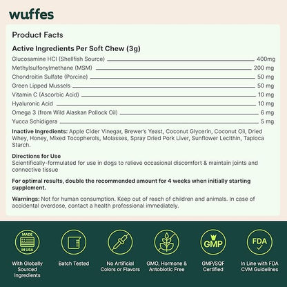 Wuffes Chewable Dog Hip & Joint Supplement - Glucosamine & Chondroitin Chews - Dog Joint Supplements & Vitamins - Extended Joint Care (Small&Medium Breeds (0-65 lbs), 180 Chews (Pack of 3))