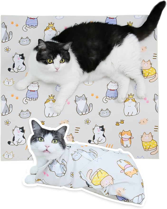 Cat Grooming Wrap for Cutting Nails, 31.5" Anti-Escape Calming Cat Swaddle Wrap for Medicine, Nail Clipping, Teeth Brushing, Ear Cleaning, Self-Adherent Burrito Restraint, (Cat Land, XL)